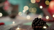 Pine cones and decorations with blurred background 