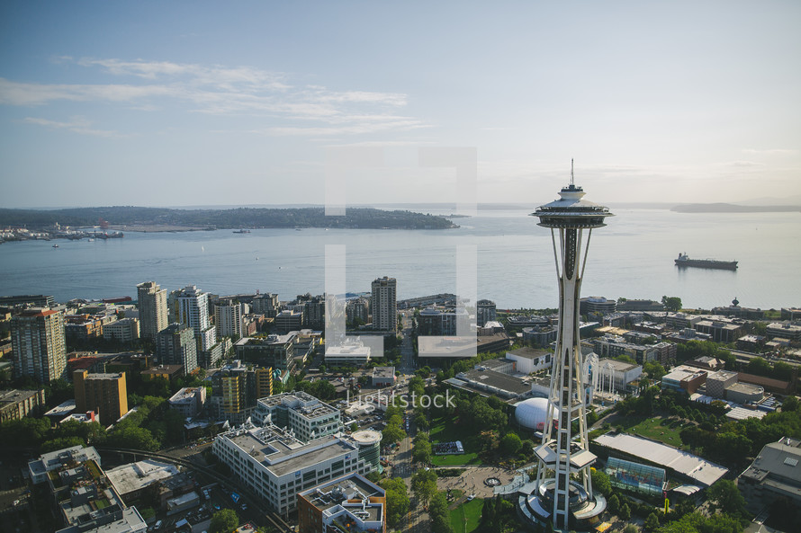 aerial view over Seattle Space Needle 