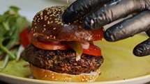 Slow motion of beef hamburger placed on a bun