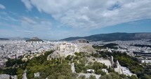 drone flying over an ancient Greek city 