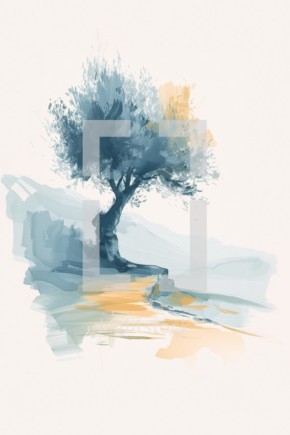 Serene minimalist painting of an olive tree, capturing the essence of the Mediterranean with a harmonious palette and abstract forms.
