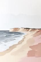 Minimalist French beach scene, soft pastel cliffs and gentle waves, tranquil and modern.
