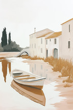 Minimalist riverside scene, boat moored by traditional house, soft earthy palette.