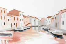 Minimalist canal scene painting, boats moored along waterway, pastel buildings, modern simplicity.