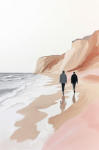 Minimalist painting capturing two figures walking on a French beach, with subtle reflections on the wet sand and towering cliffs in the background.