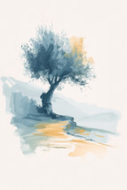 Serene minimalist painting of an olive tree, capturing the essence of the Mediterranean with a harmonious palette and abstract forms.