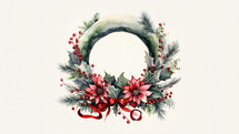 Holiday wreath with red berries and Christmas decoration with winter floral arrangement. 