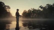 Young fly fisherman casting on a foggy river at sunrise