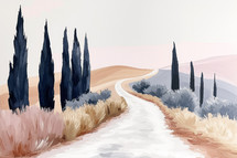 Minimalist road through countryside painting, cypress trees, warm pastel tones.