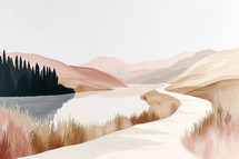Minimalist landscape painting, river winding through hills, soft pastels, modern serene art.