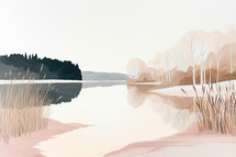 Serene lake landscape painting, minimalist style with reeds and trees, soft pastel reflections.