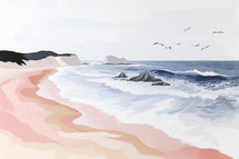 Contemporary coastal landscape painting with seagulls, dynamic waves, and soft sand hues.