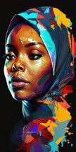 Abstract painting concept. Colorful art portrait of a black woman with modern turban. African culture.