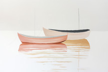 Minimalist nautical painting, two boats on calm water, serene palette, modern art.