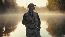 A Smiling young fly fisherman on a foggy river at sunrise