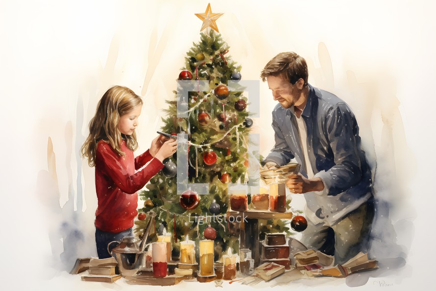 family decorates a Christmas tree