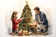 family decorates a Christmas tree