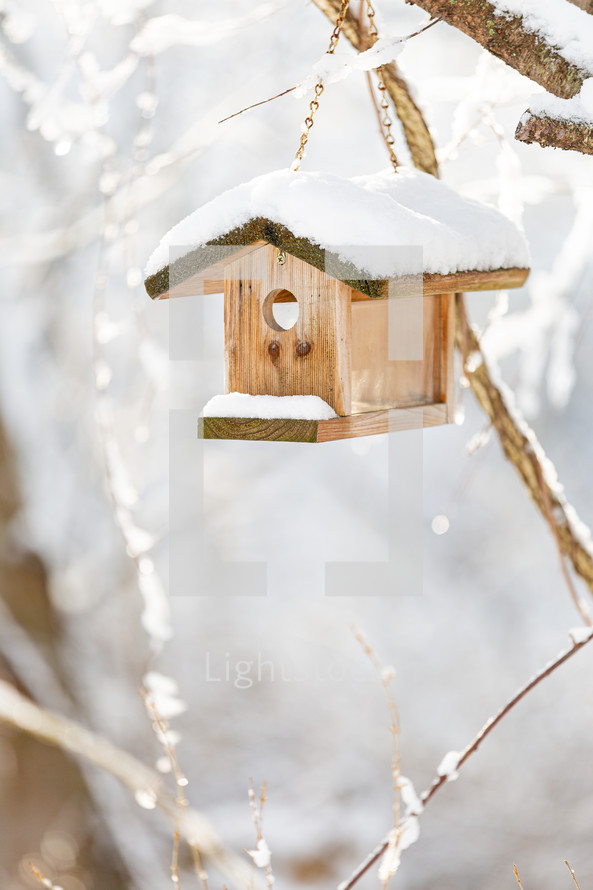 Wooden Birdhouse in winter (vertical)