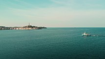 drone films fishing boats in the bay of rovinj istria