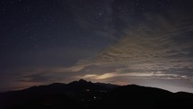 Timelapse of stars including the Milky Way moving over the silhouette of a bitter landscape