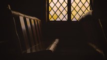 Old Wood Chapel Pew and Stained Glass