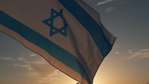 Waving Israel Flag On Orange Sunset sky
