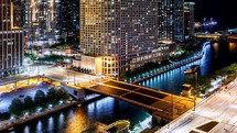 Time-lapse of Chicago skyscrapers along the Chicago River.