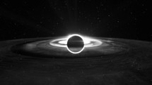 Wide, black-and-white Animation of a Supermassive black hole in outer-space.