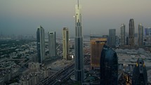 Rich Arabs Build Skyscrapers In Dubai At Evening, Aerial