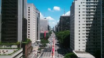 Paulista Avenue at Sao Paulo Brazil. Top view of Paulista avenue at downtown Sao Paulo Brazil. Stunning landscape of landmark avenue of city. Urban aerials. Paulista Avenue at Sao Paulo Brazil.
