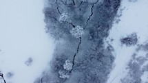 Streams in the snowy forest aerial