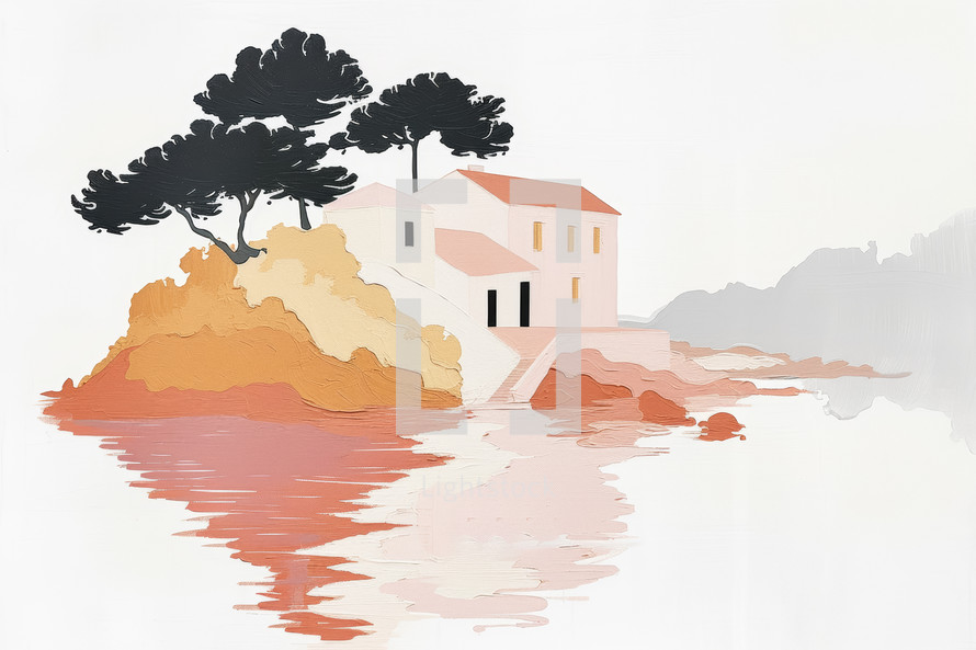 Minimalist coastal scene painting, Mediterranean house with pines, soft tones.