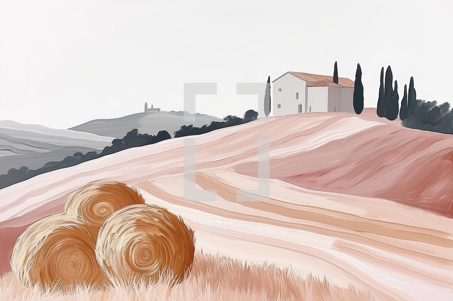 Minimalist countryside painting with farmhouse and hay bales, rolling hills, soft pastel colors.