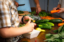 a family preparing vegetables in a kitchen 