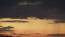 Wide shot of an airplane flying against a backdrop of a sunset sky and gray clouds, passing over trees and a distant electrical transmission line tower