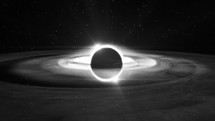 Black and White Black Hole Animation with Event Horizon, light and time distorted by gravity in outer space.