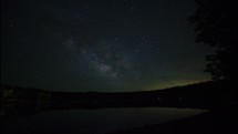 Time lapse of Milky Way stars and the moon rising over a forest lake