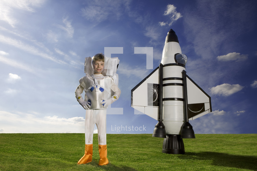 Young caucasian boy dressed as an astronaut standing in front of his rocket themes of imagination dream aspirations - rocket created by the artist