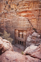 Elevated view of Al Khazneh - the treasury, ancient city of Petra, Jordan.