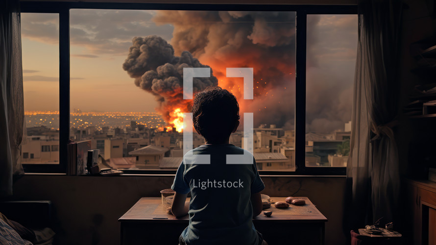 Kid watching the war explosions through the window. War concept
