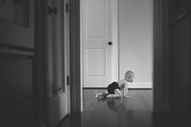 A baby crawling in a hallway.