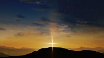 Bright cross on the hill with clouds moving on the starry sky. Easter, resurrection, new life, redemption concept. Seamless looping background 