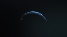 Aerial shot of sun lighting 3d earth globe at dark night sky with stars - abstract animation view from space	