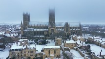 Snowy English Winter Aerial View Over Lincoln Cathedral