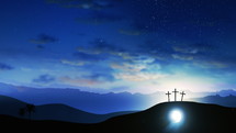 Three crosses on the hill and Jesus tomb with clouds moving on the starry sky. Easter, resurrection, new life, redemption concept. Seamless looping background 