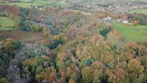 Aerial Pan Over Knocksink Wood to Enniskerry Village in Autumn, County Wicklow, Ireland
