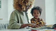 African American Mother and Preschool Son Discussing Pictures Printed in Book
