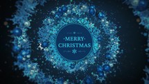 Christmas garland with snowflakes and globes spinning on blue background. Merry Christmas text and holidays concept. 4k