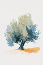 Impressionist painting of an olive tree, brushstroke texture, and a medley of cool and warm tones.