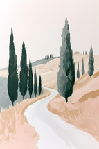 Stylized Tuscan landscape painting, cypress-lined road, minimalist pastel palette.